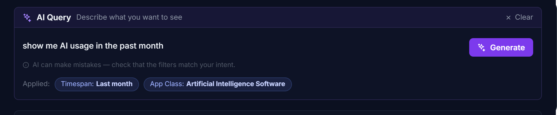 AI Query box with the request “show me AI usage in the past month” and the filters it applied.