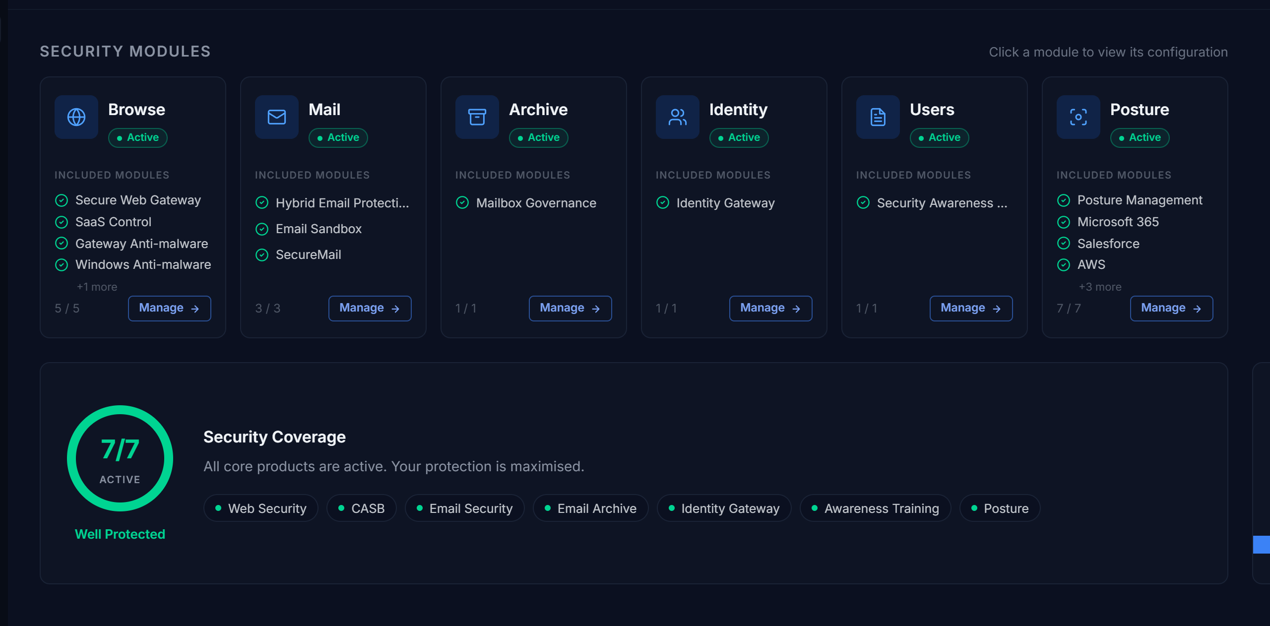 TrustLayer console dashboard showing the seven security modules and 7/7 security coverage.