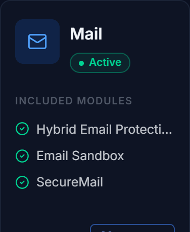 TrustLayer console dashboard tile for the Mail module and the products inside it.