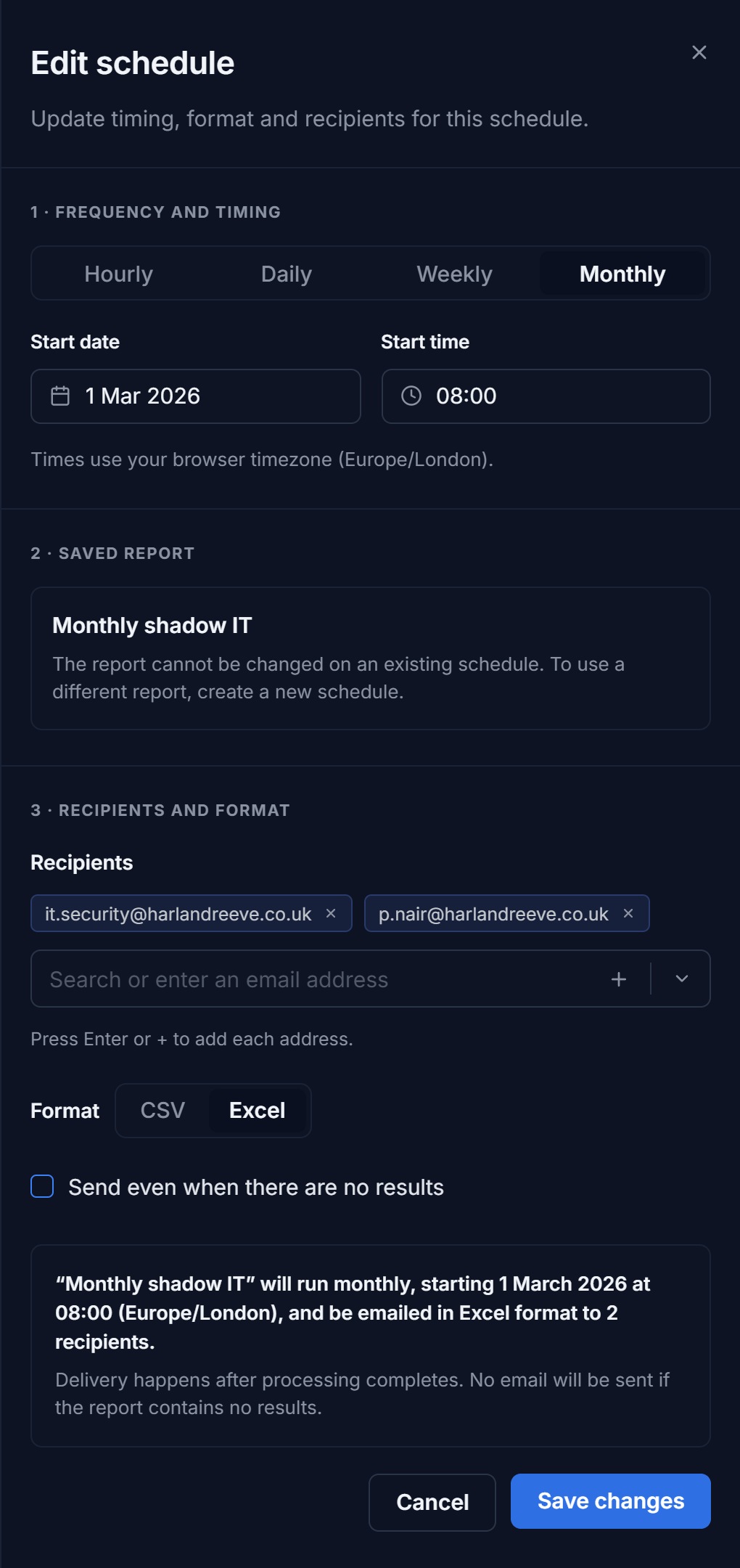 Edit schedule panel with frequency, saved report, recipients and Excel format.