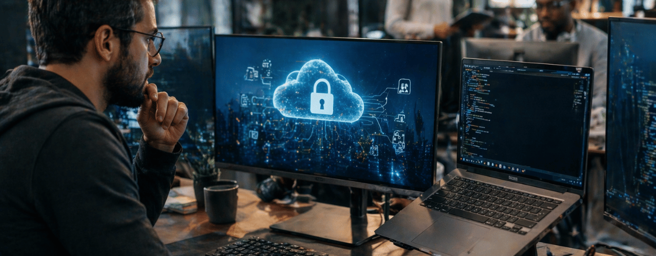 Man in an office analysing cloud security data, illustrating CASB protection and cloud risk management.